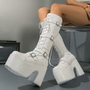 White Platform Faux Leather Knee-High Buckle Boots 41